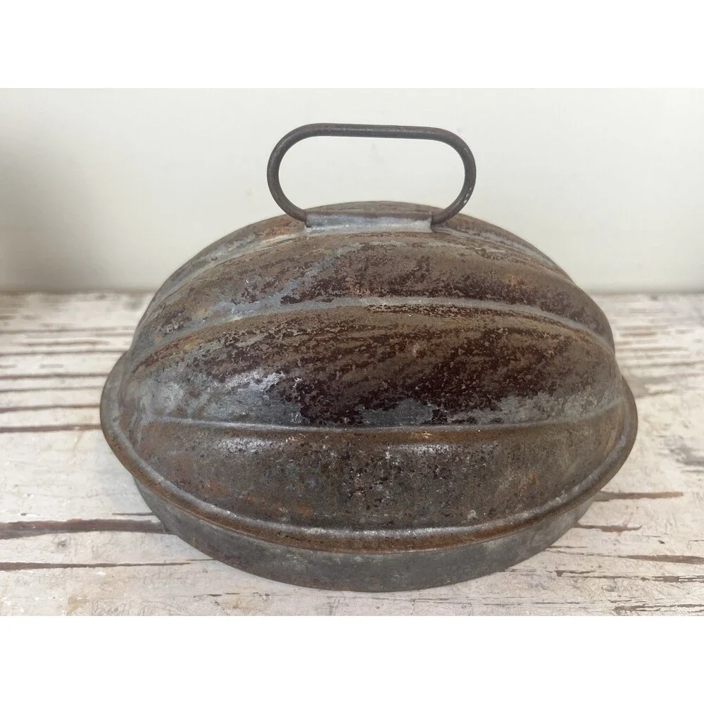 Vintage Oval Country Scalloped Serving Tray Dome, Mold, Dish W/Rust Worn Patina